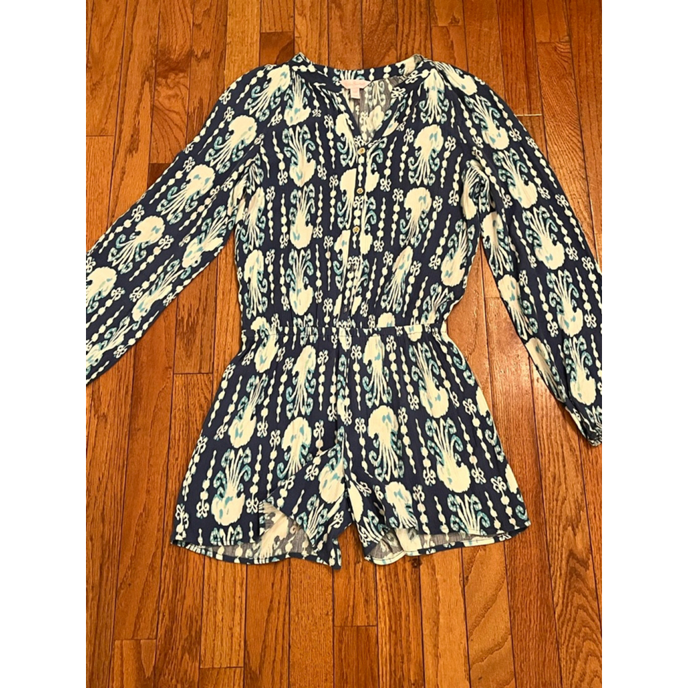 Women's Lilly Pulitzer Navy White Ikat Print Long Sleeve Romper XXS